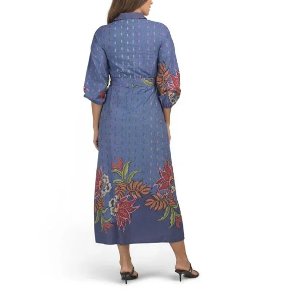 CELINA MOON Denim Long Sleeve Floral Maxi Dress With Belt